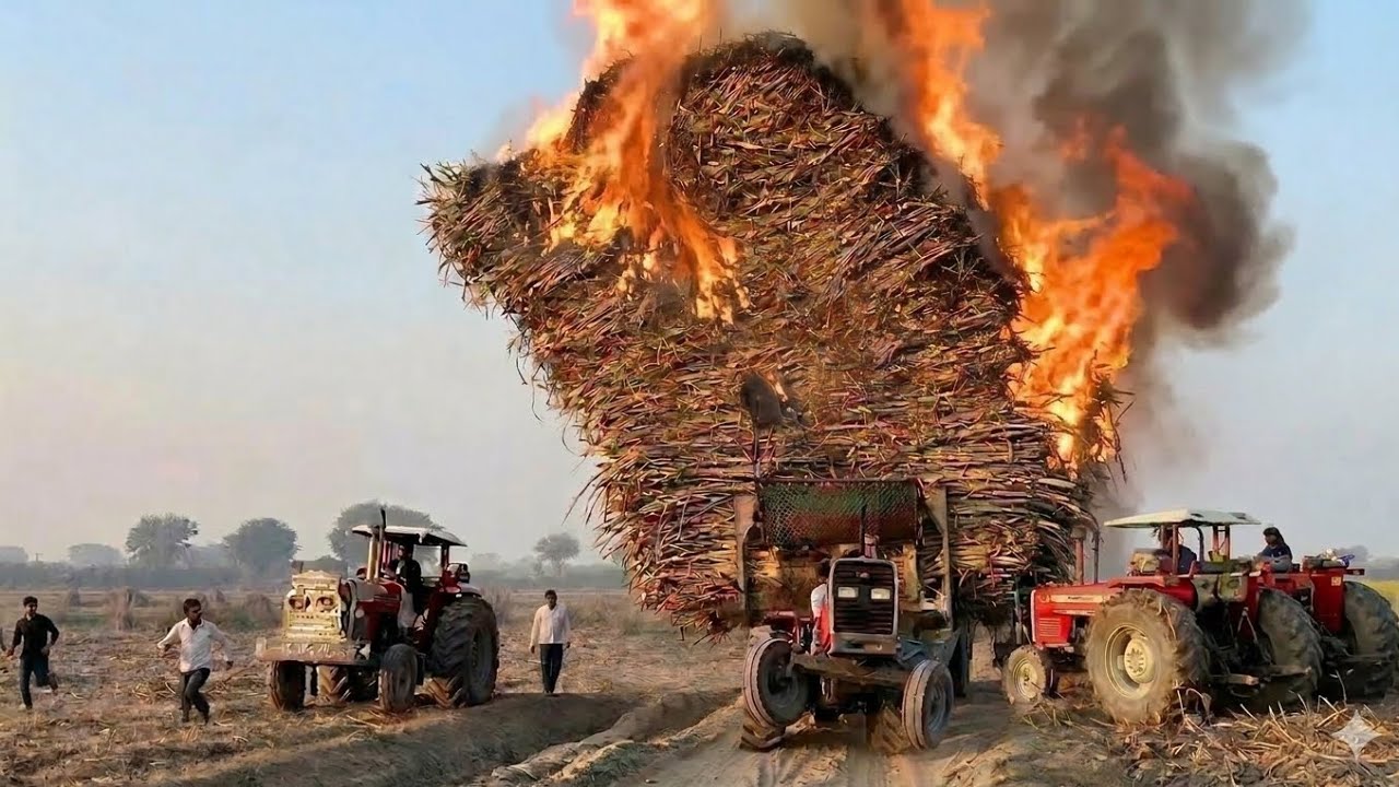mf 375 tractor salunsir somke fire on full sagur can loaded trolley and 3 385 tractor for help 🚨🚨🔥🔥😱