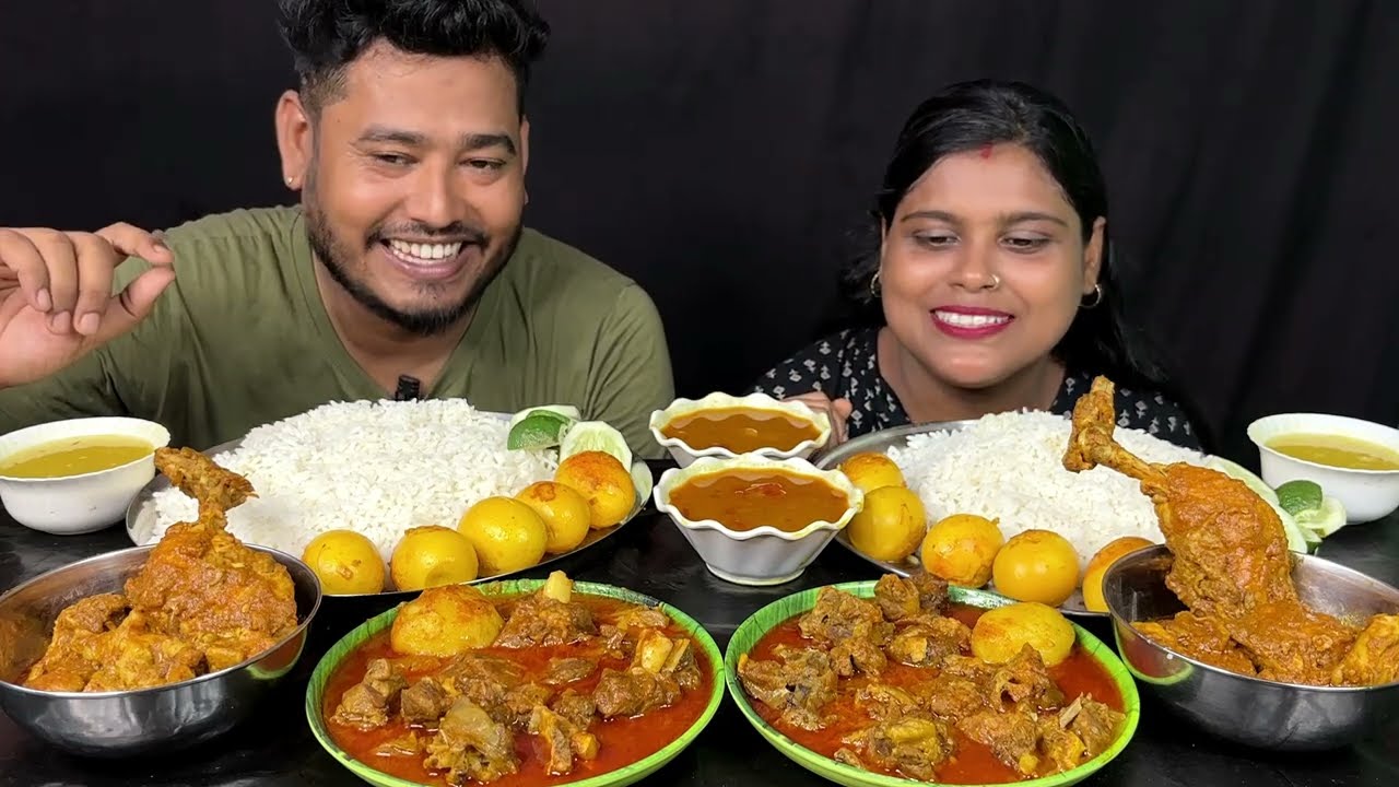 chicken kosha vs mutton curry and egg rice eating challenge