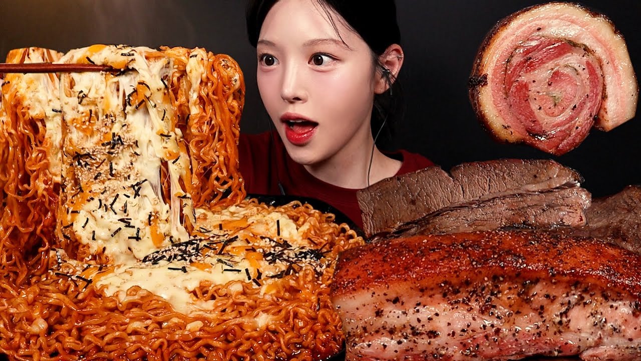 SUB)역대급비쥬얼 통삼겹 먹방!🍖치즈 왕창 불닭볶음면에 브리스킷까지 육즙폭발 바베큐파티 꿀조합 Pork Barbecue & Buldak Mukbang Asmr