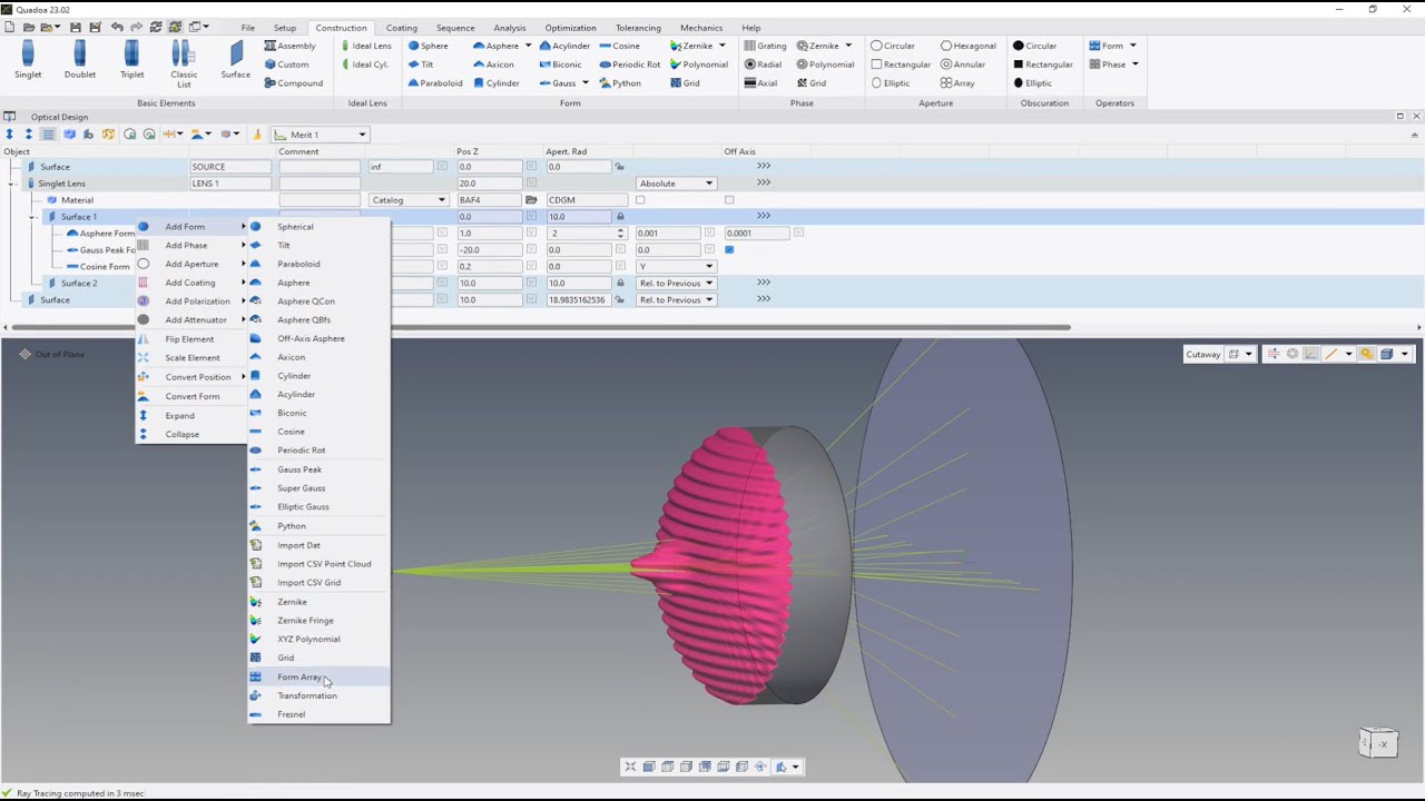 Construction: Freeform & Stack Definition - Optical Design Software Quadoa Optical CAD