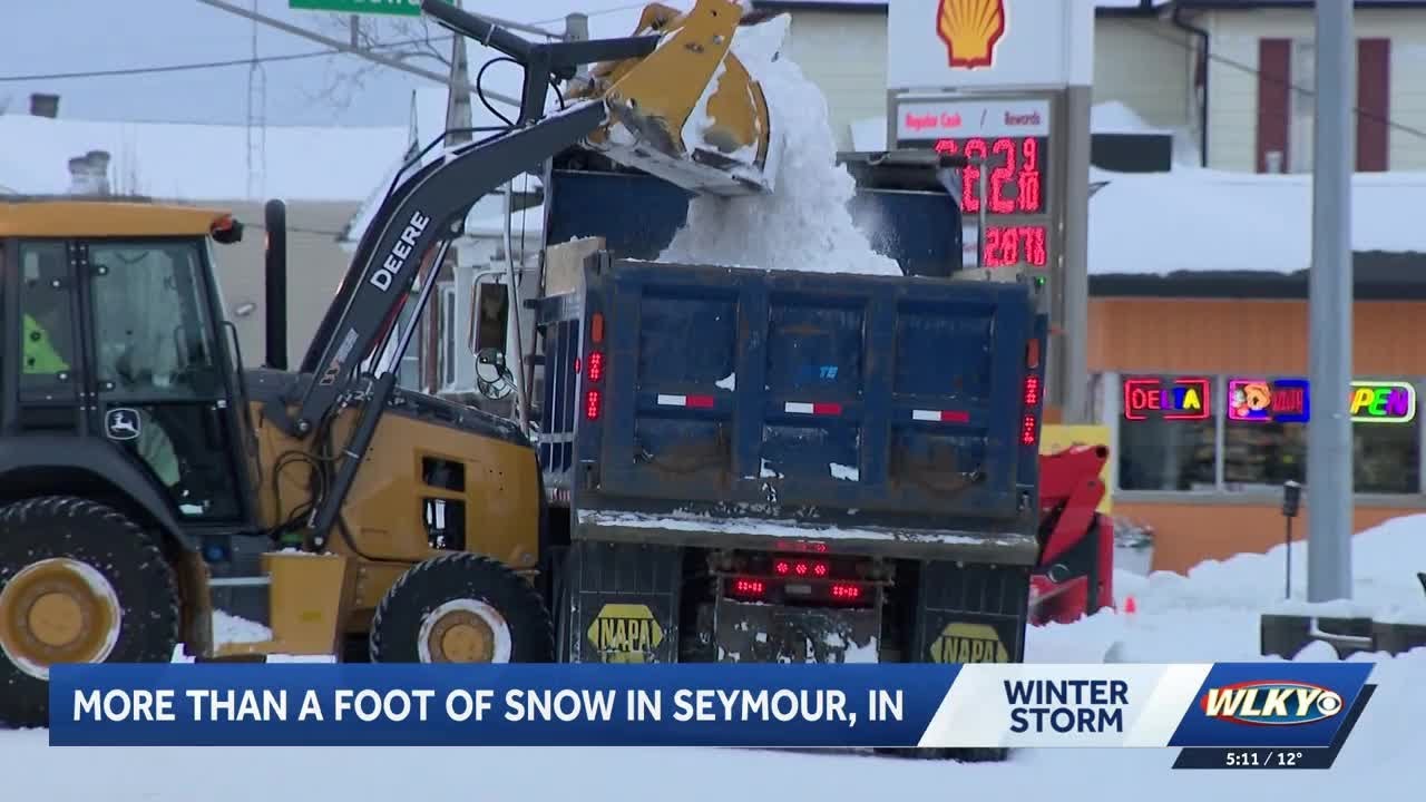 Seymour crews spend the day cleaning up after getting more than a foot of snow