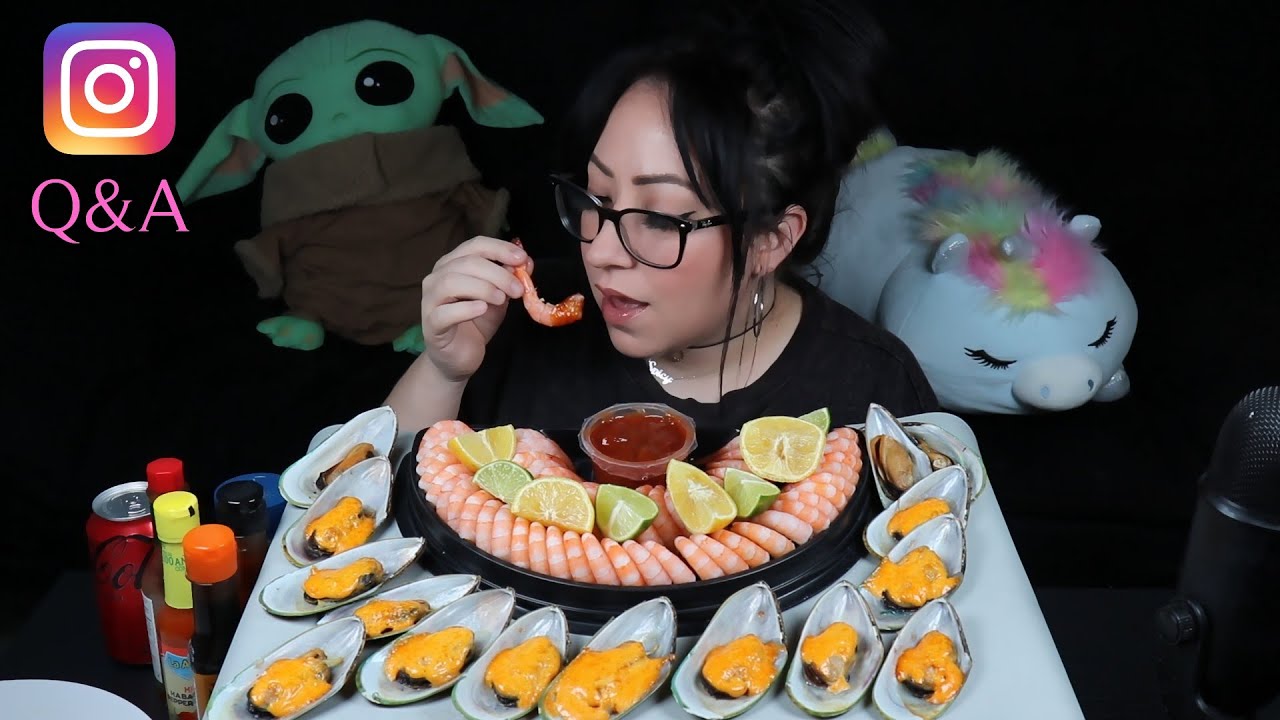 COCKTAIL SHRIMP AND BAKED MUSSELS MUKBANG | INSTAGRAM Q&A