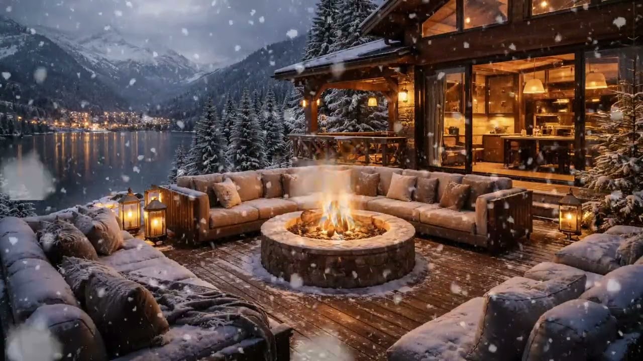Luxury Winter Chalet Ambience ❄️ Cozy Fire Pit, Snowfall & Lake Views  Focus and Relaxation
