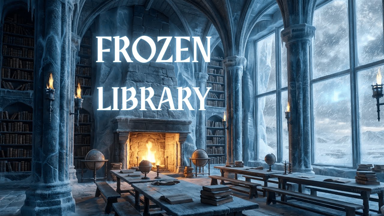 Frozen winter castle library dark academia piano & Fireplace Sound for studying 8 hours