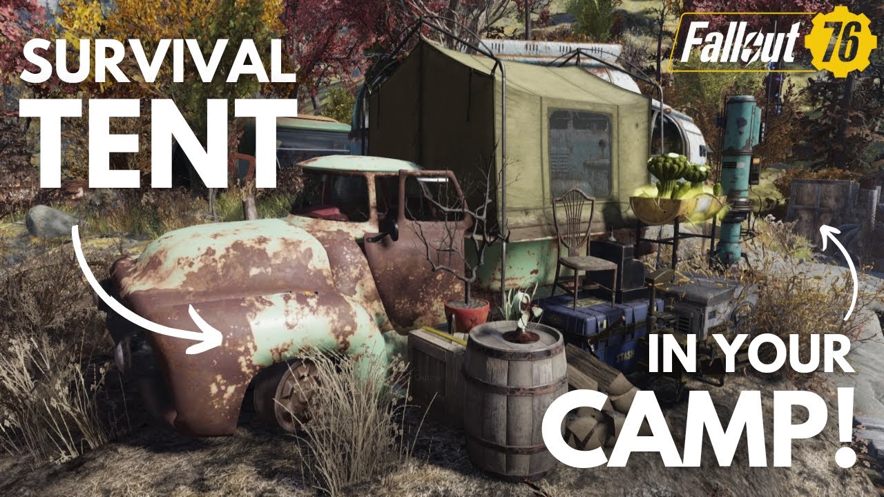 Immersive campsite CAMP with SURVIVAL TENT and blue vintage camper | Fallout 76 camp build tutorial