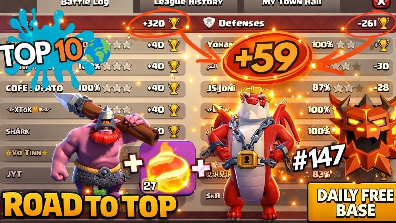 TOP 10 WORLD With Fireball Throwers & Dragon Duke | FREE TH18 BASE LINK | Daily Ranked Attacks #147