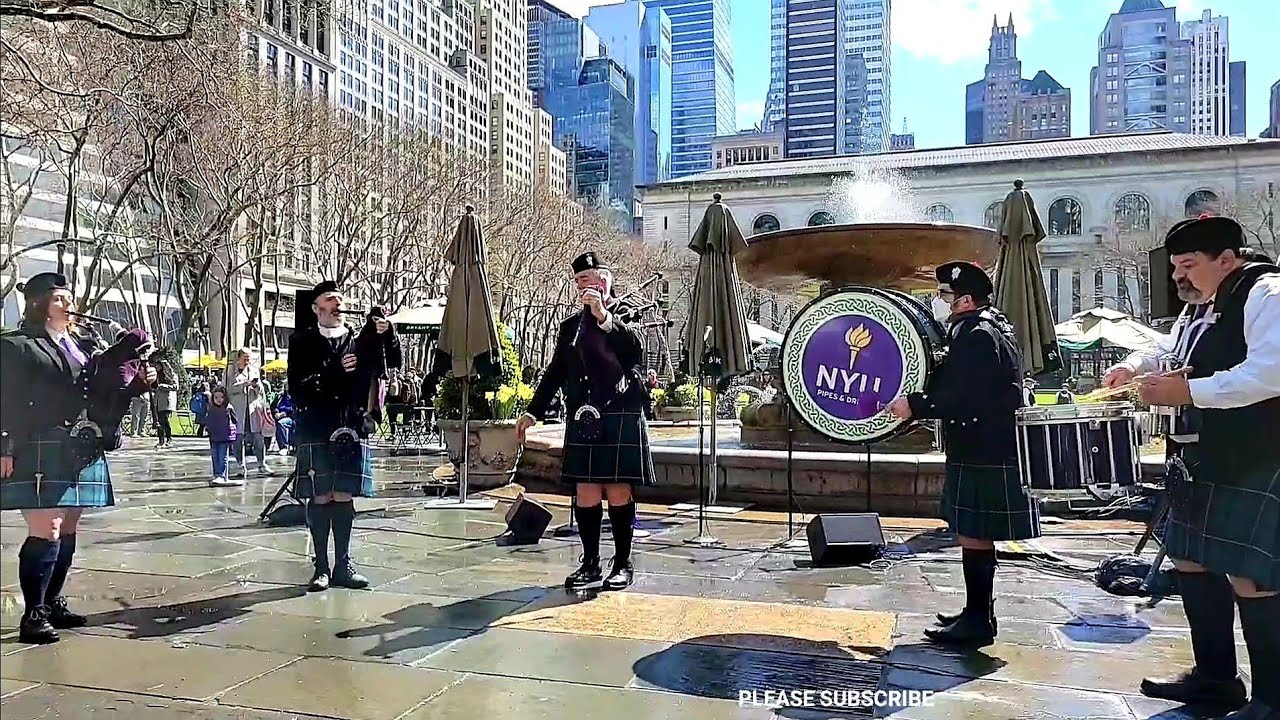 NYU PIPES & DRUMS Band at NYC Scottish Tartan Day pre Parade Celebration New York