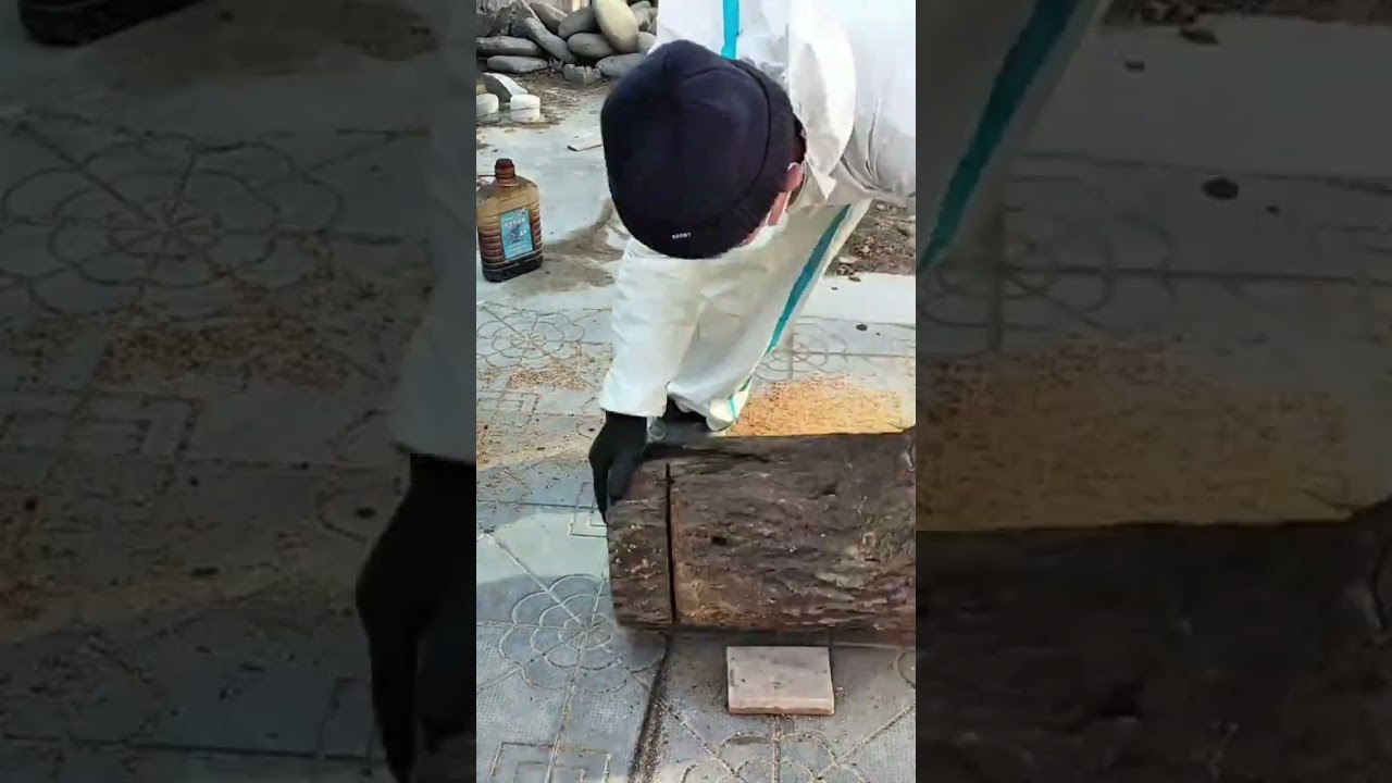 cutting a large brown tree trunk using a small electric chainsaw tool on a tiled outdoor floor area
