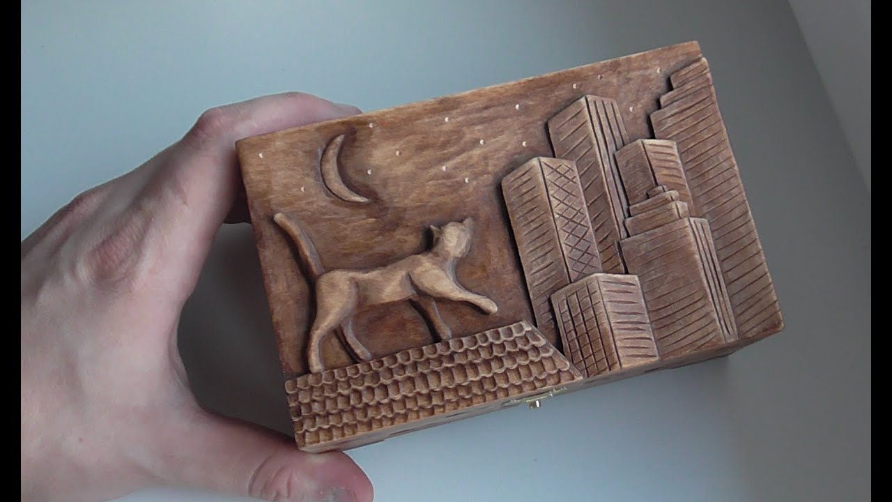 Wood carving | Carved jewelry box with cat on the roof | handmade art gift | DIY