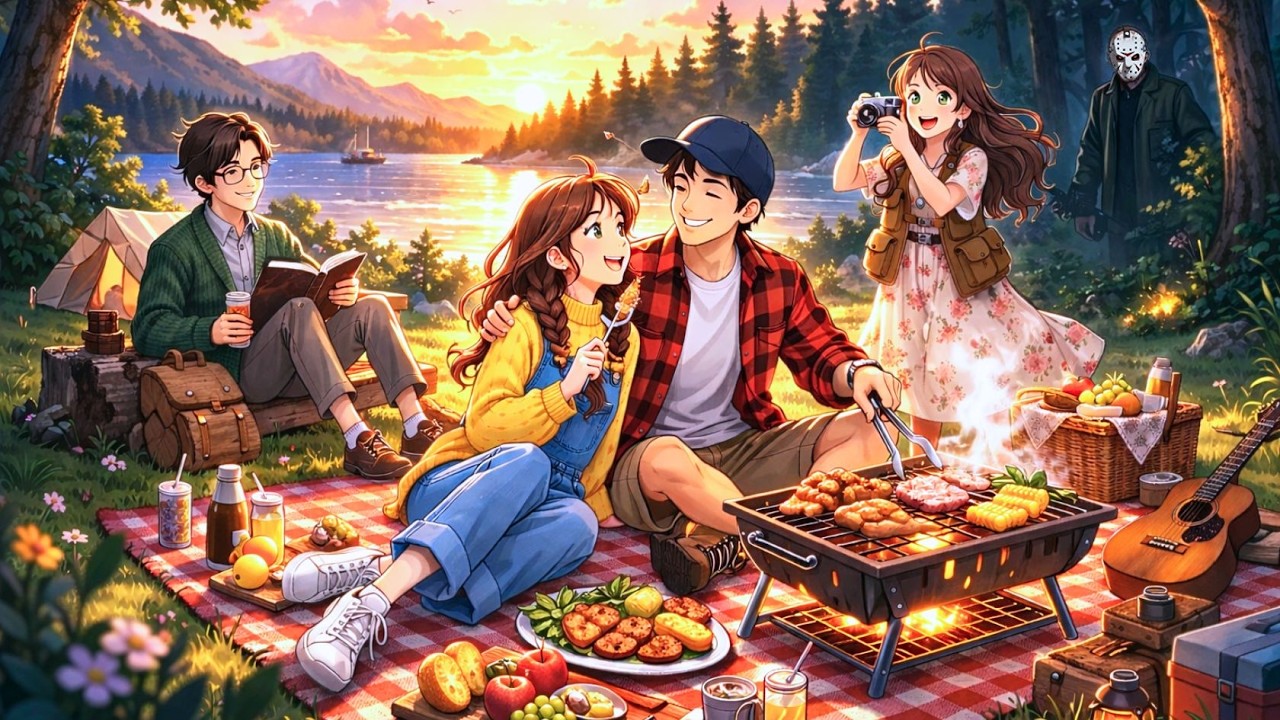 Cozy Sunset Lake Picnic Ambience | Camping Relaxing Sounds | Studio Ghibli Style ASMR 🌅