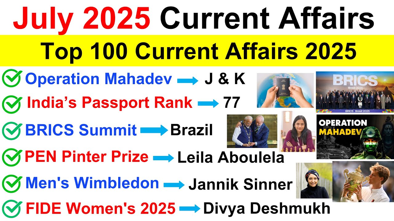 July 2025 Current Affairs | Top 100 Current Affairs 2025 | July 2025 Monthly Current Affairs | GK GS
