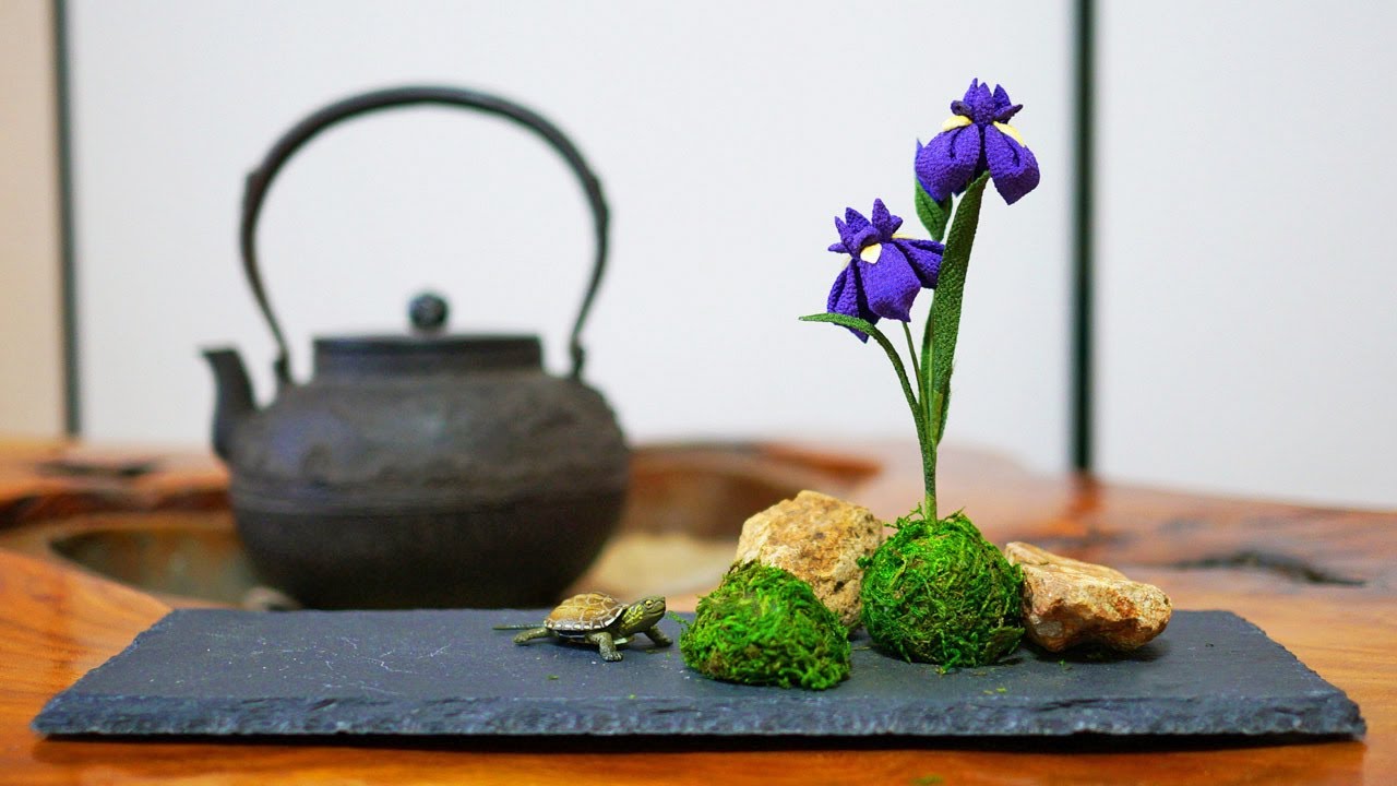 つまみ細工/花菖蒲の作り方part2/端午の節句/花瓶に挿したり苔玉風にアレンジしてお部屋飾りに/蕾と葉を作る/DIY/vol.47