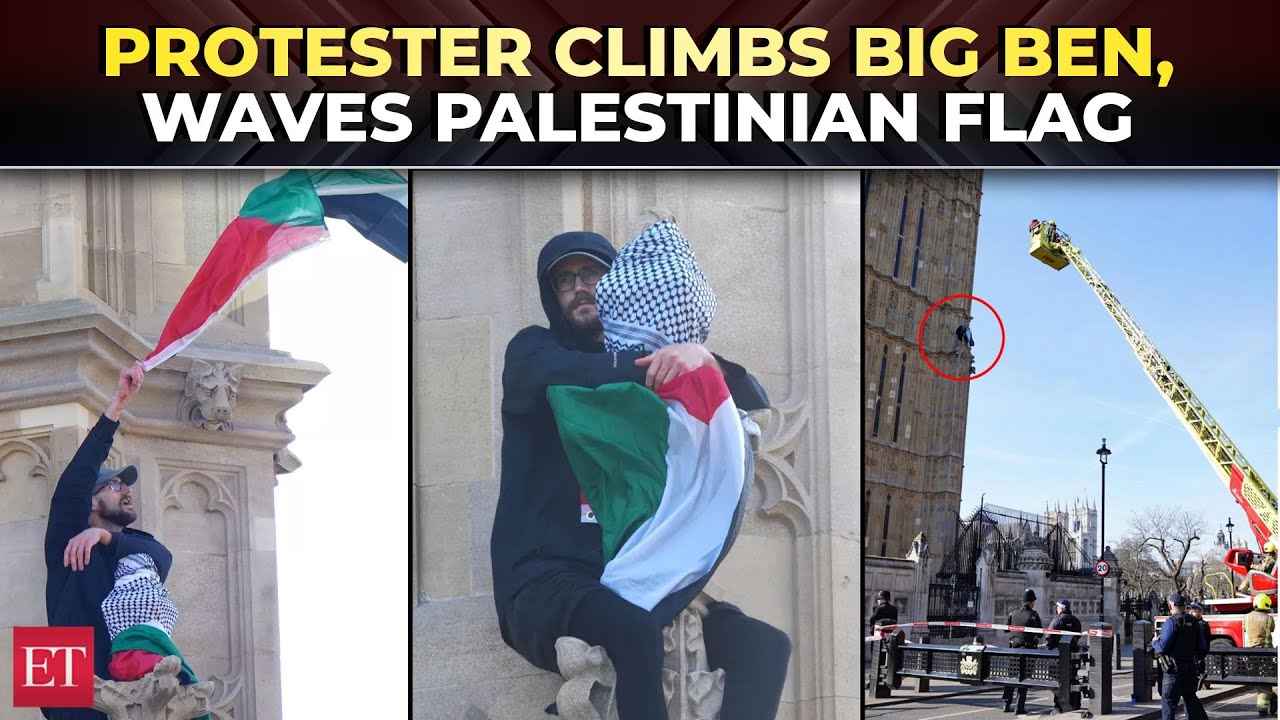 Barefoot Pro-Palestine protestor climbs London's Big Ben tower, waves Palestinian flag