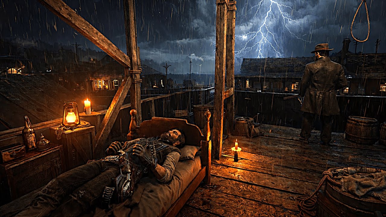 Lonely Thunderstorm Night on a Rooftop | Wild West RDR2 Rain & Thunder ASMR