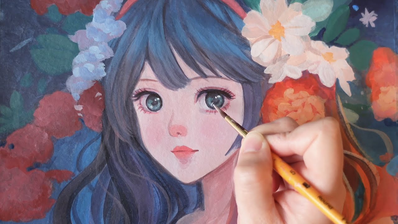 Painting Anime Girl with Blue Hair 🎨🌸✨| Acrylic on Watercolor Paper