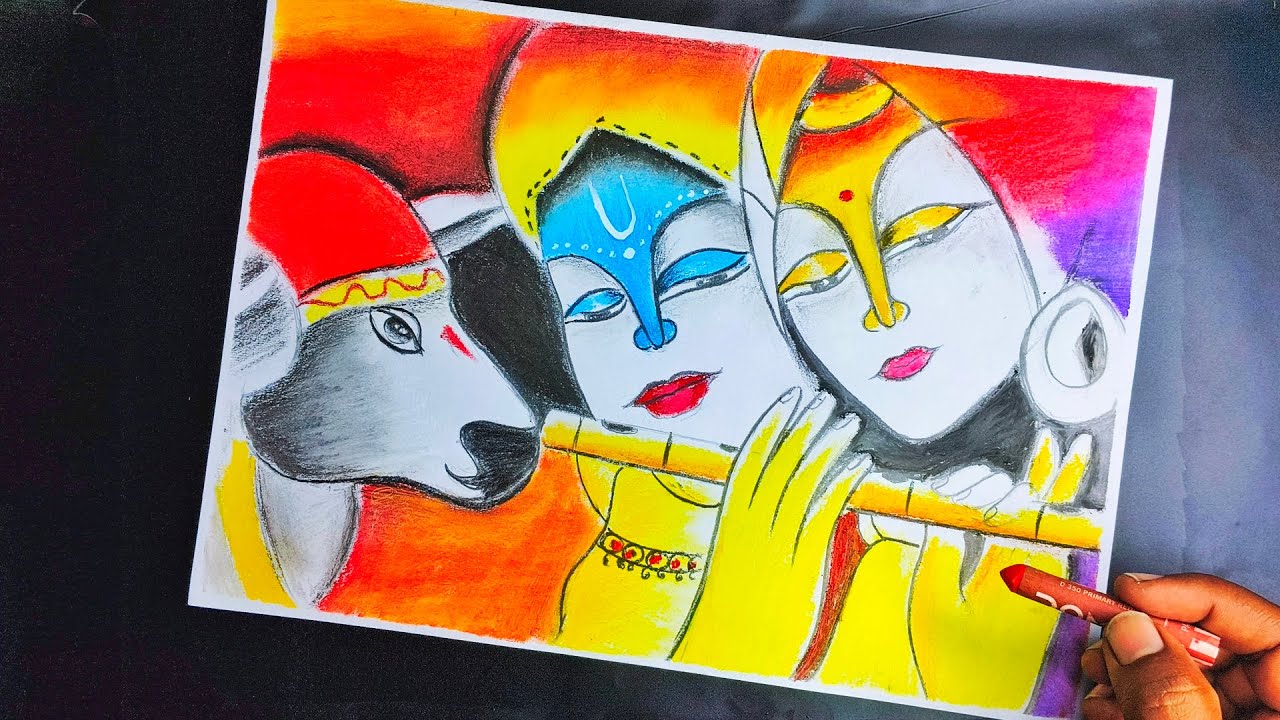 Krishna ji drawing with Radha Rani drawing step by step  oil pastel colouring part tutorial..🥰