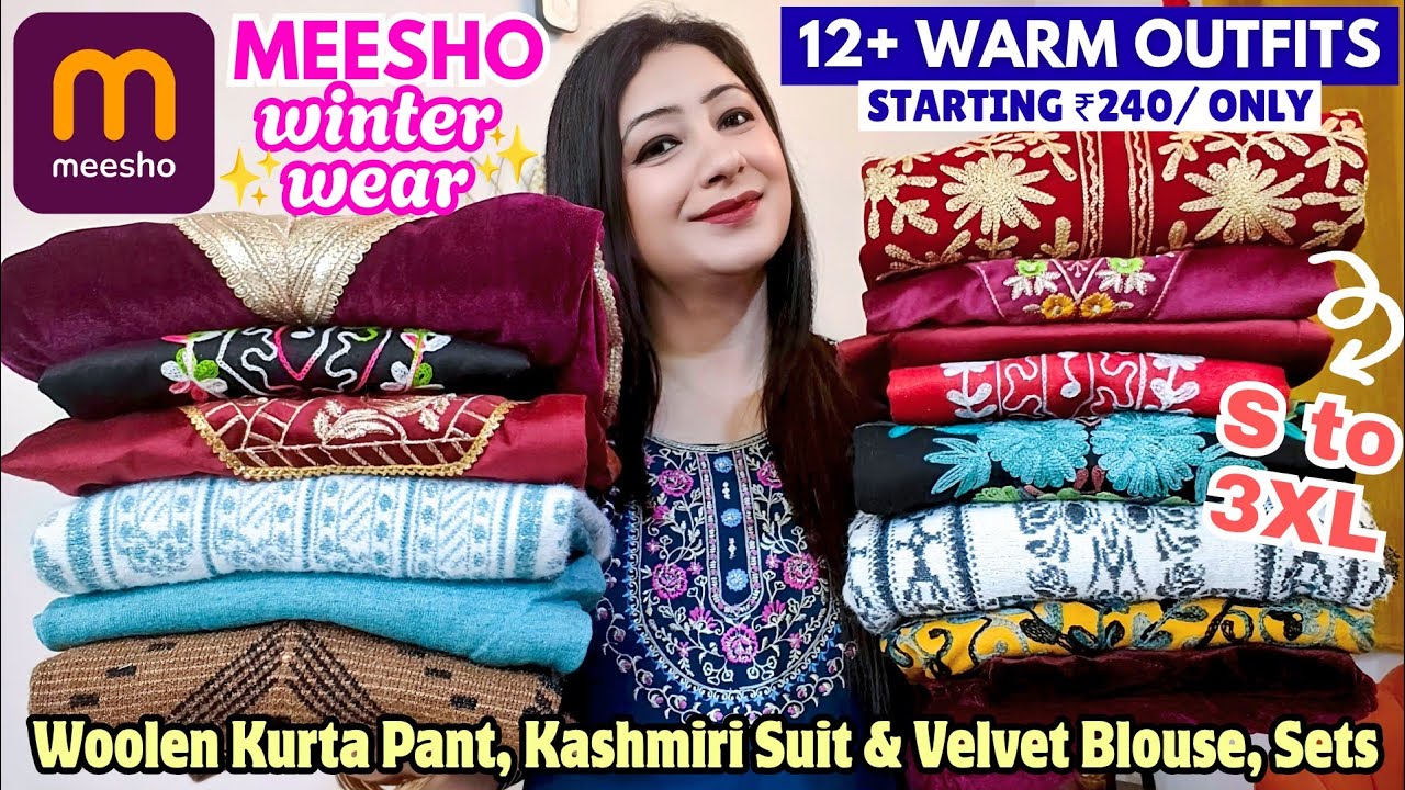 Meesho🥰 Winter wear Haul Start ₹240 Best Woolen Kurta Pant Set, Kashmiri Kurti, Velvet Kaftan Blouse