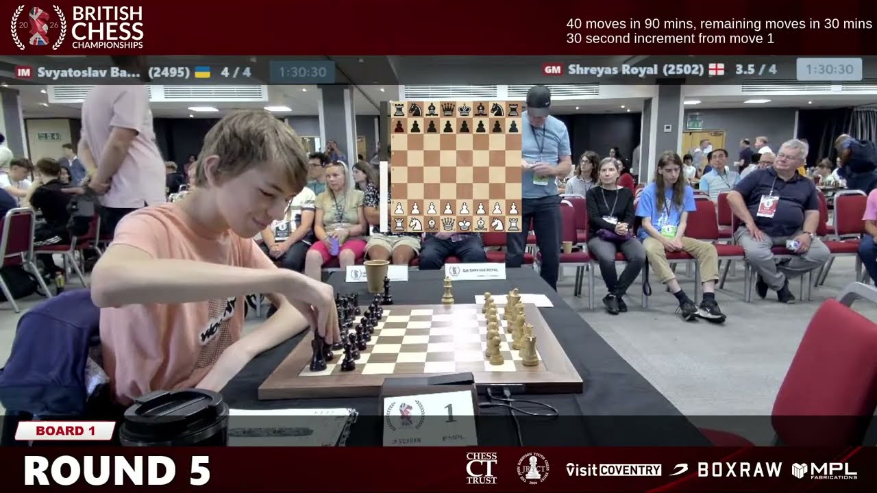 Board 1 - Round 5 - GM Shreyas Royal VS IM Svyatoslav Bazakutsa 2026 British Chess Championships
