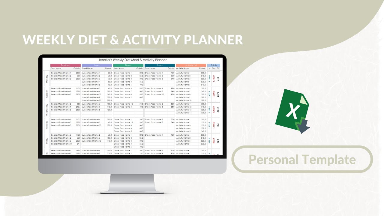 Weekly Diet Meal & Activity Planner Excel Template