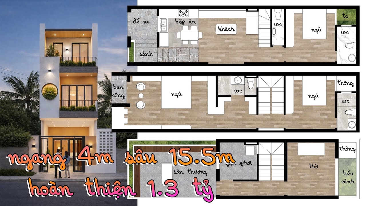 Nhà phố 4x15.5, hoàn thiện 1,3 tỷ, xây 2 tầng 1 tum | Phú KTS