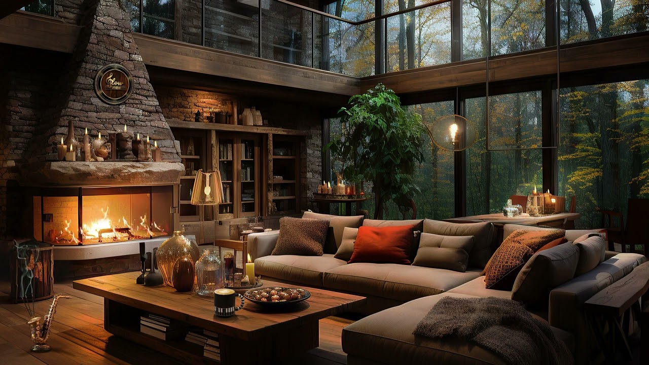 Cozy Ambience Jazz Music & Crackling Fireplace [4K]