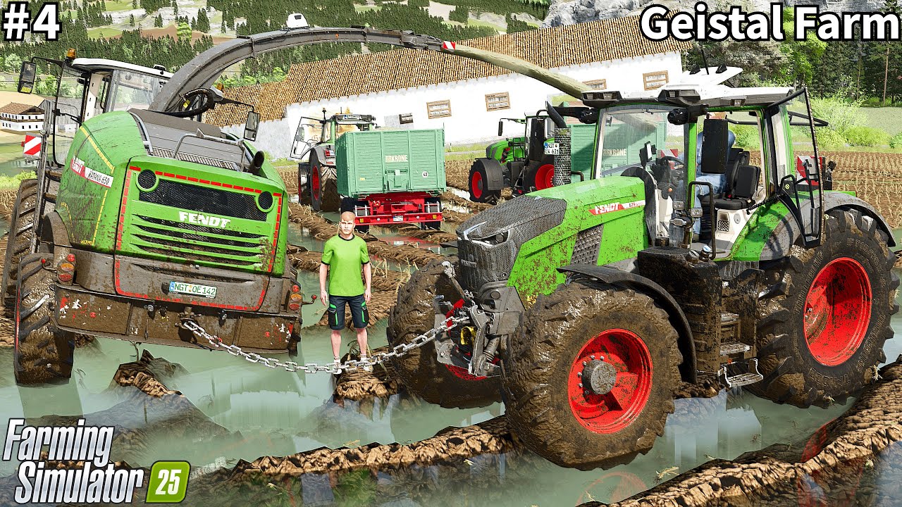 Реалистичная уборка силоса в глубокой грязи, трактор Fendt, буксируемый кормоуборочным комбайном│...