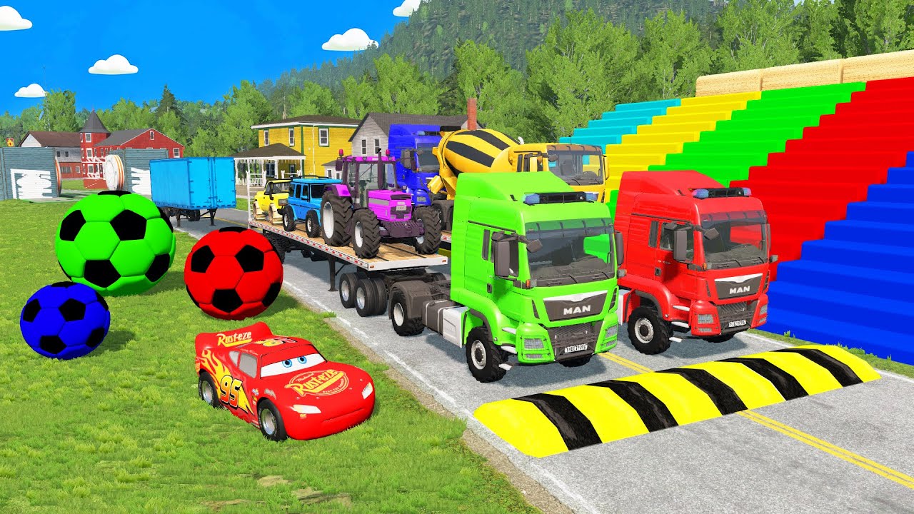 Flatbed Trailer McQueen Transportation with Truck - Speedbumps vs Cars vs Train - BeamNG.Drive #1