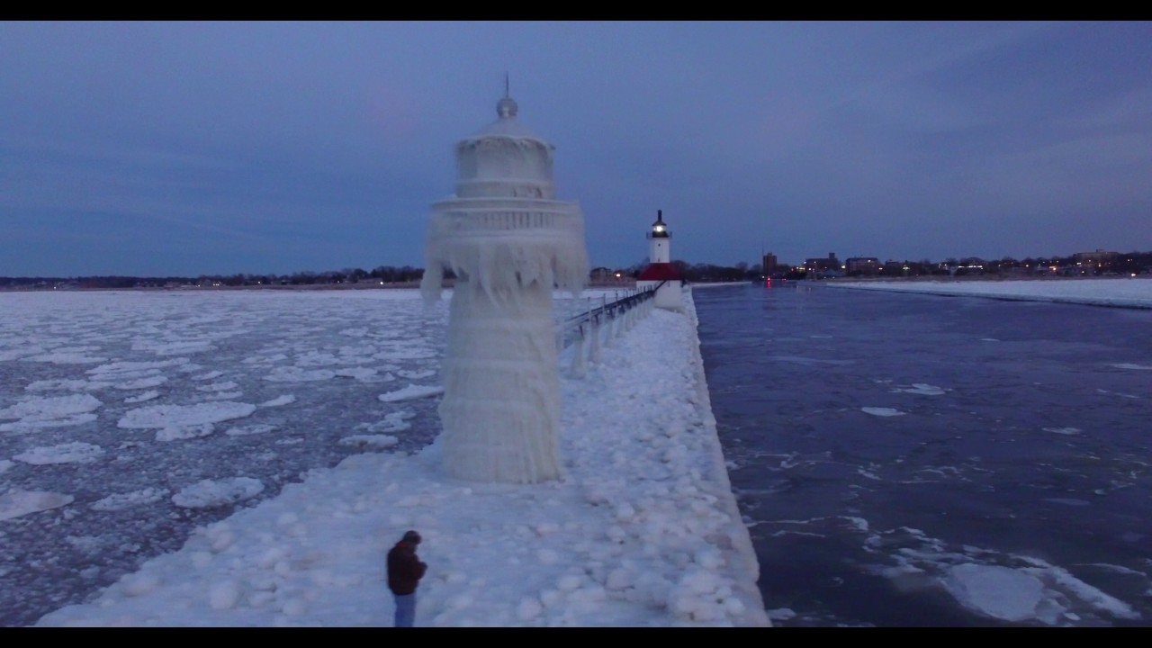 North Pier Lighthouse at Sunset in January, Saint Joseph, Michigan Drone Footage January 8th, 2017