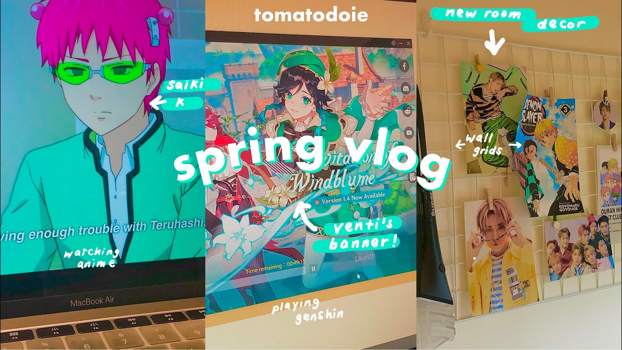 spring vlog 🌸: aesthetic room decor, playing genshin impact, + pulling venti !!