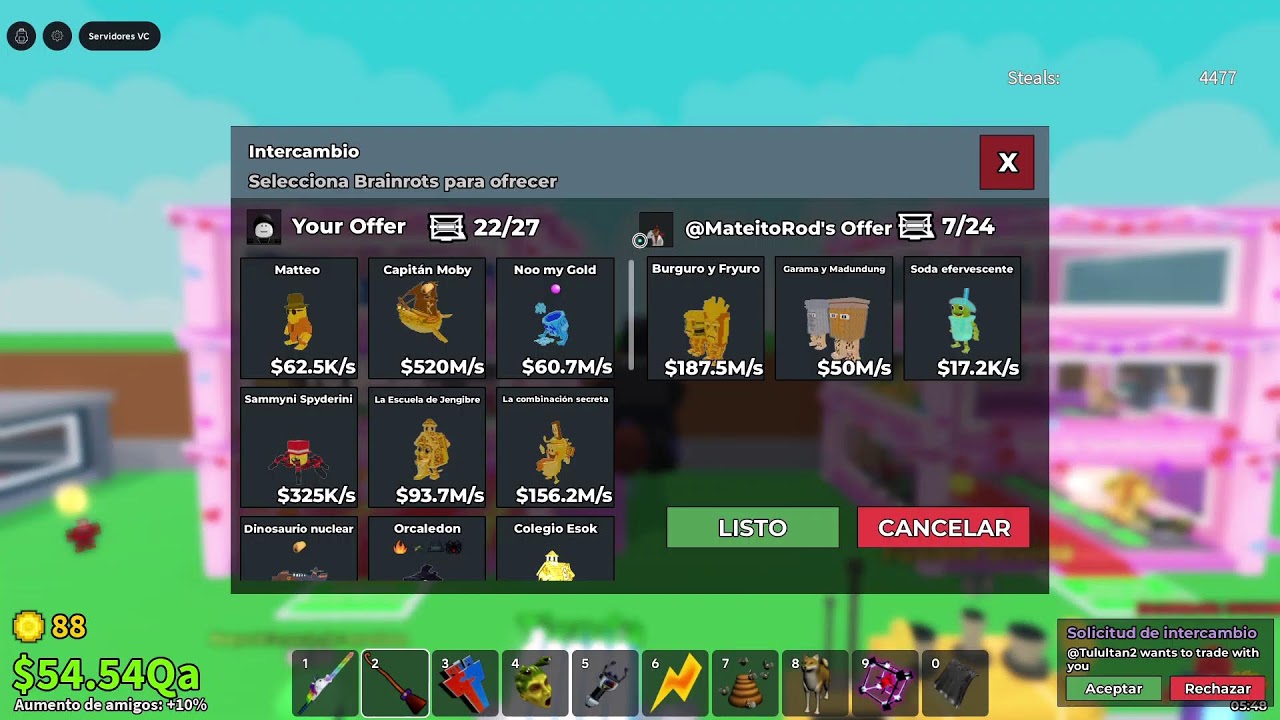 Trades se busca garama, dragon,casa boo cosas exclusivas de pasarela en STEAL brainrot en directo