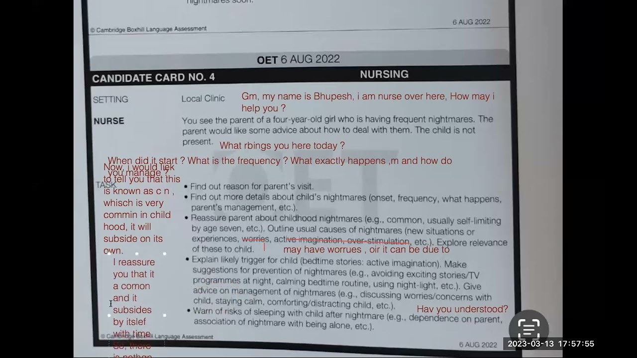 Oet speaking sample | Childhood Nightmare to 4 year old girl oet topic