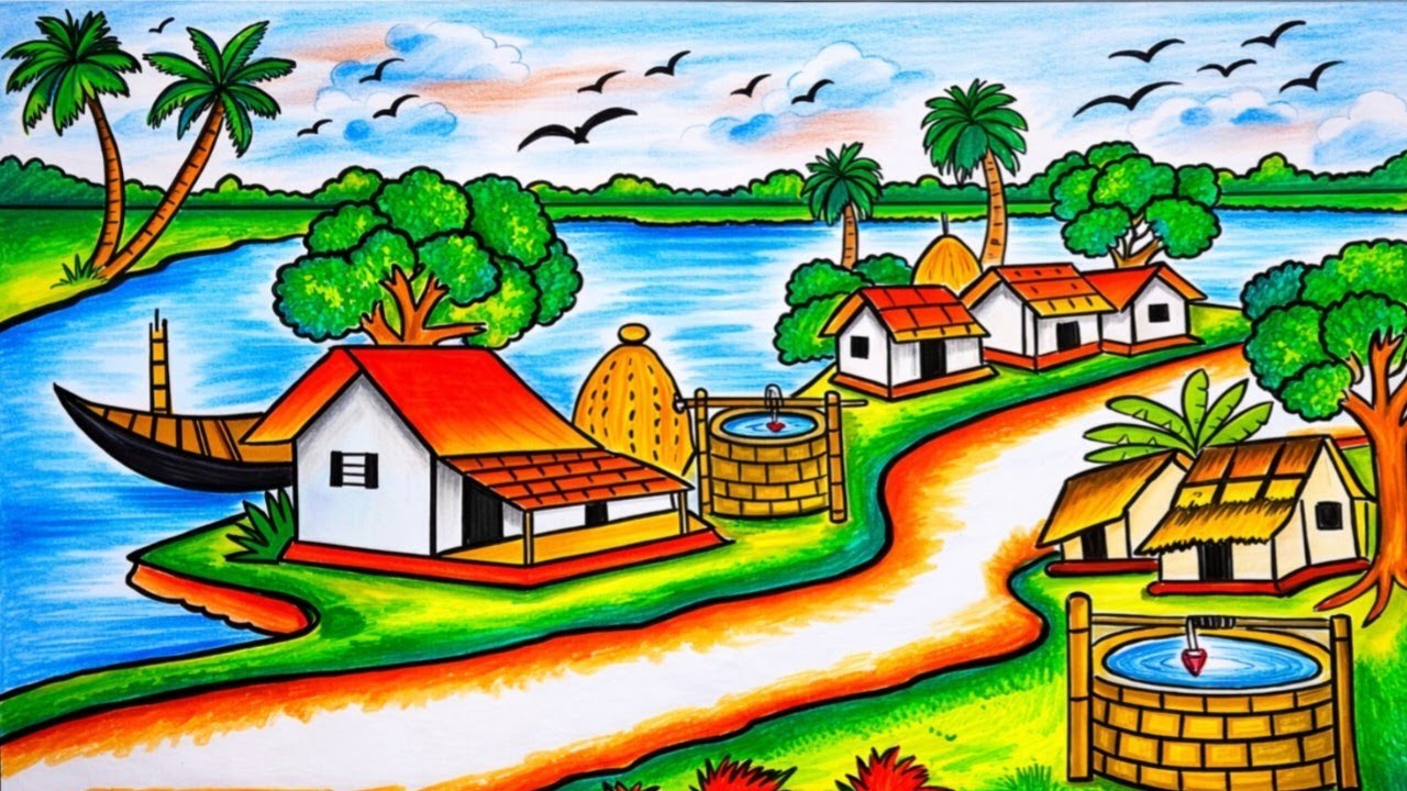 How to draw easy scenery drawing with beautiful landscape village with riverside scenery drawing