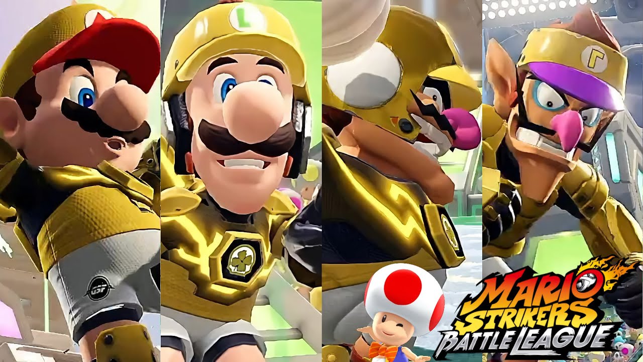 Mario Strikers Battle League Mario Luigi Wario and Waluigi Gameplay in Urban Rooftop