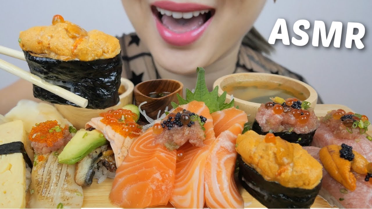 ASMR SUSHI *Premium Uni Nigiri with Salmon Sashimi and Miso Relaxing Food Sounds | N.E Let's Eat