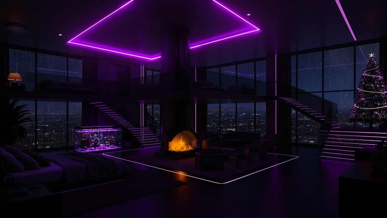 🌧️ Relaxing Rainy Night in Modern Loft | Gentle Piano & Fireplace Sounds for Sleep, Study