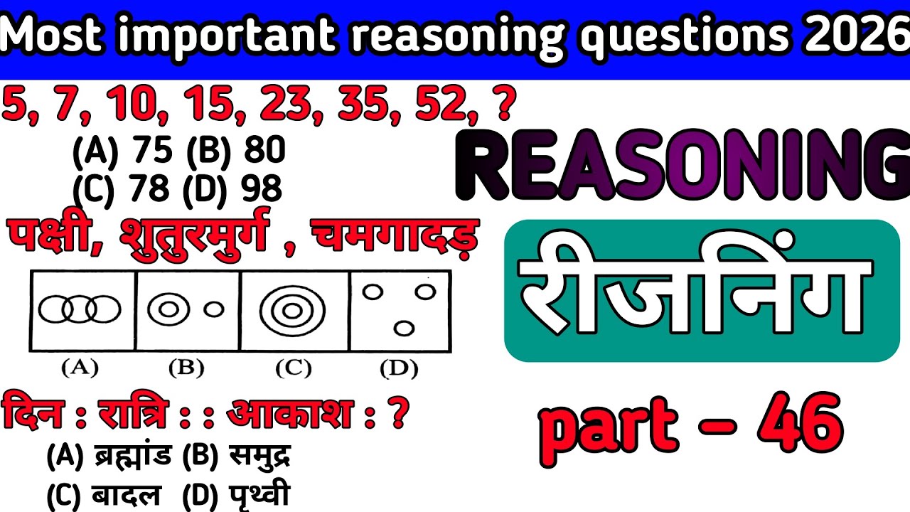 Most important reasoning questions2026रीजनिंग के महत्वपूर्ण प्रश्न उत्तर part46#education#reasoning 