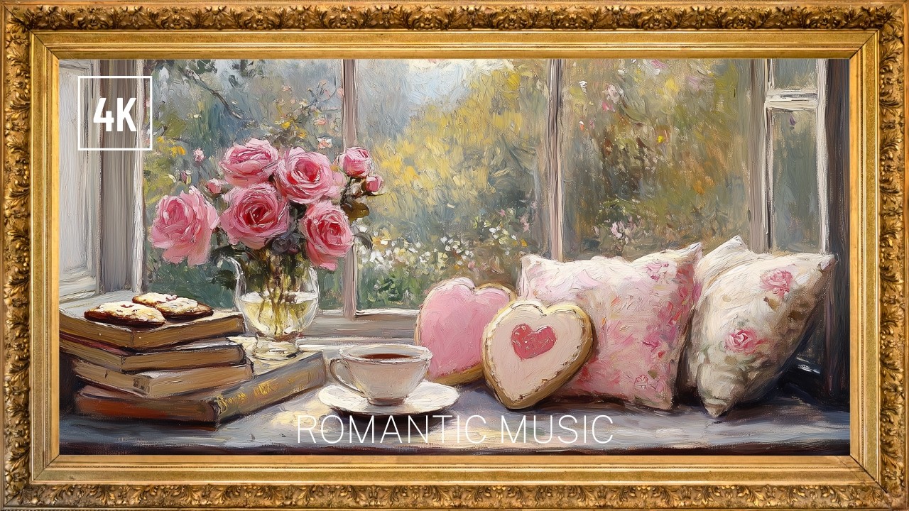 Valentine white roses with romantic background music | Gold Frame tv artwork
