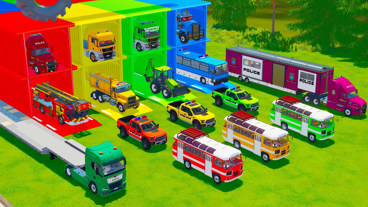 TRANSPORTING RESCUE VEHILCES, POLICE CARS, MINIBUS, BACKHOE LOADER, TANK TRUCK TO GARAGE - FS22