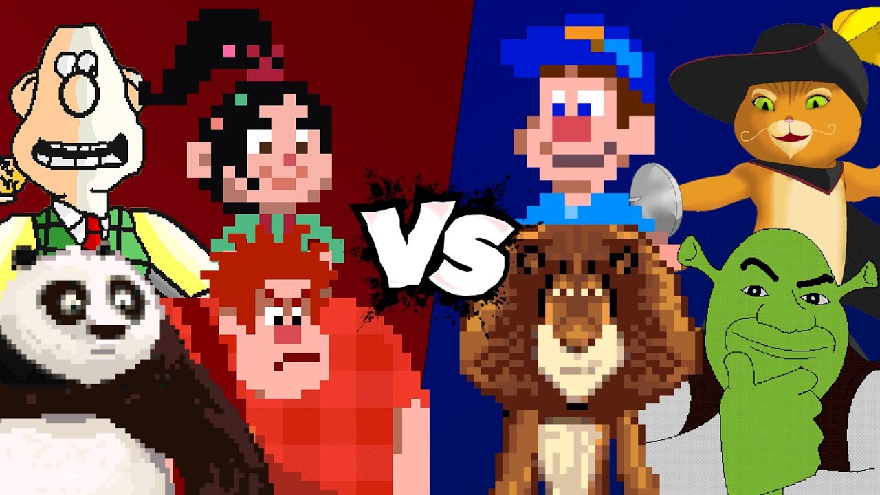 MUGEN Battle - Po/Wreck-It Ralph/Wallace/Vanellope vs Alex the Lion/Fix-It Felix/Shrek/Puss in Boots