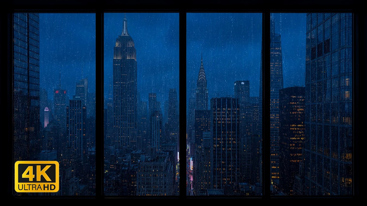 Window View of Rainy New York City in 4K 🌧️ Soothing Raindrops & Thunderstorm Ambience for Sleep