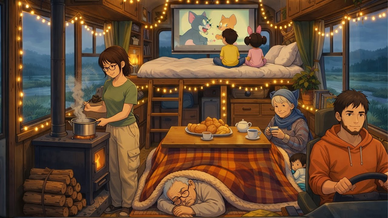 Cozy Family Camping in a Mobile Home 🌧️ Thunder & Rain | Studio Ghibli Style ASMR