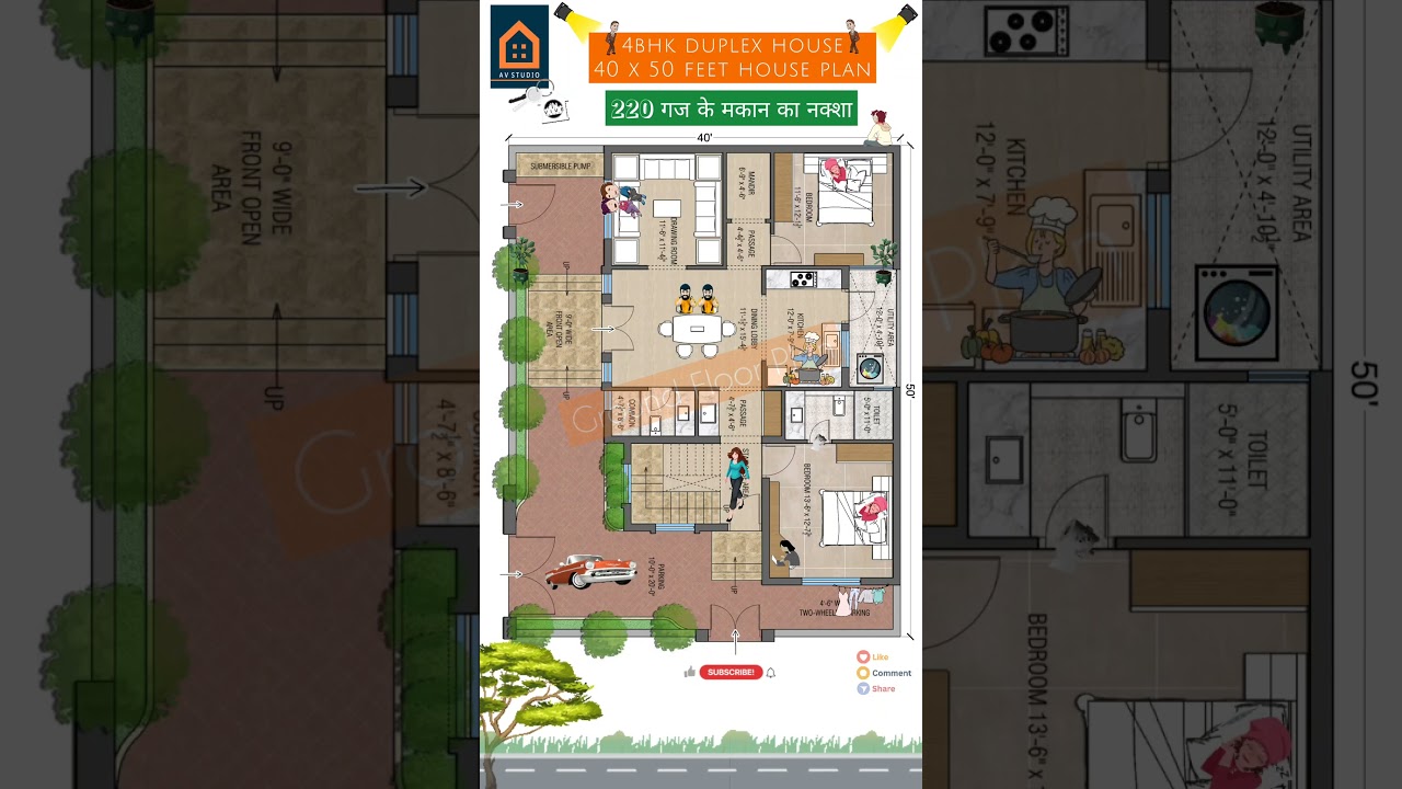 50 by 40 Feet House Plan || 4BHK Duplex House Plan