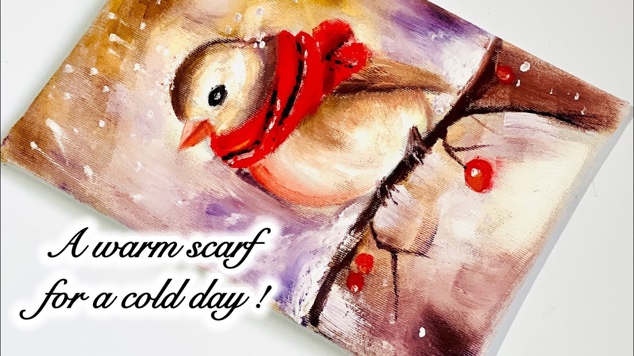 Easy Winter Bird Oil Painting Tutorial | Cute Red Scarf Bird in Snow 