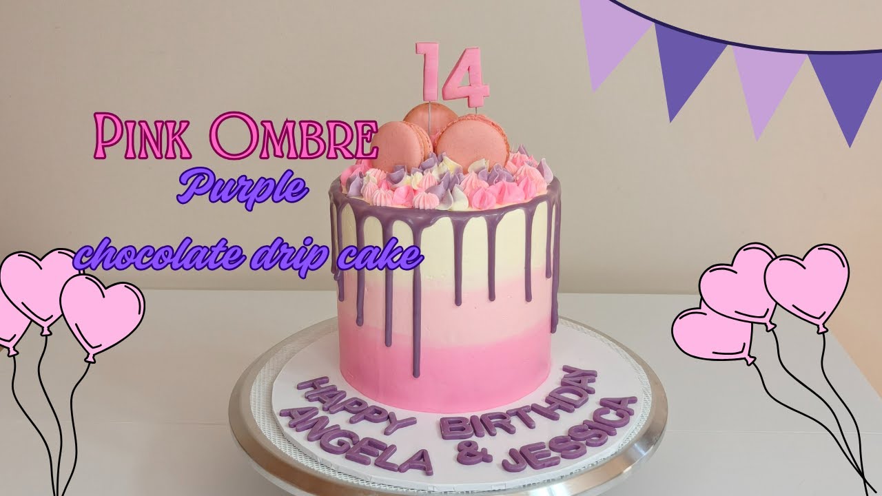 Pink Ombre, Purple chocolate drip cake