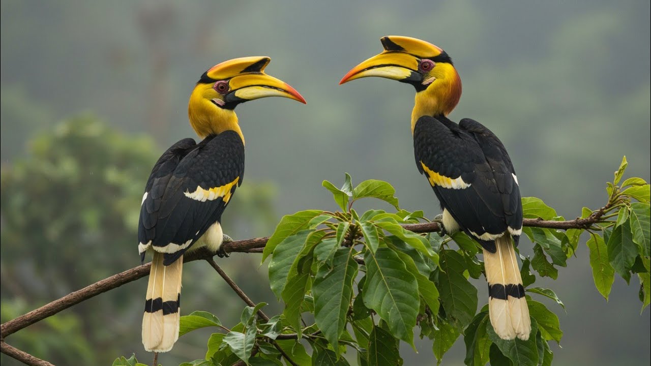 Two great hornbills perched on a leafy branch, vibrant yellow and black plumage
