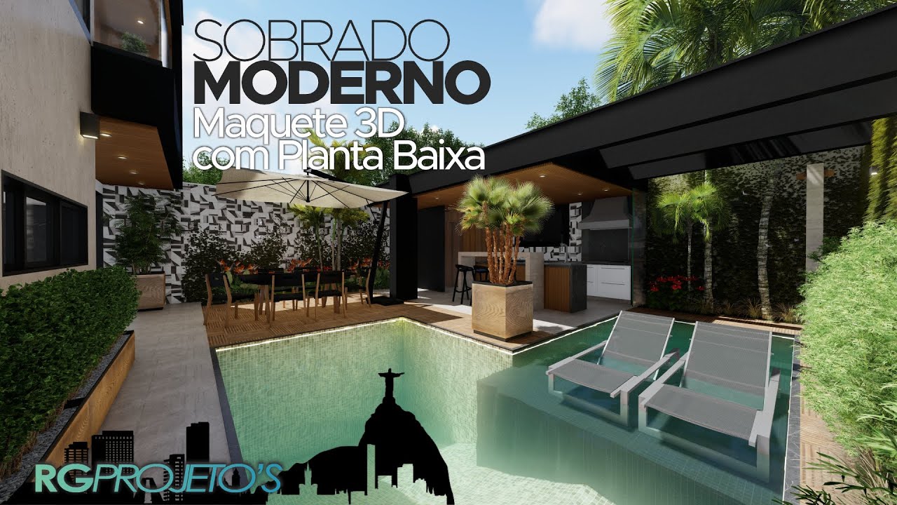 MAQUETE 3D SOBRADO MODERNO COM 240M&sup2; | LOTE 10X25M | 3 SU&Iacute;TES | PISCINA E HIDRO | VARANDA GOURMET