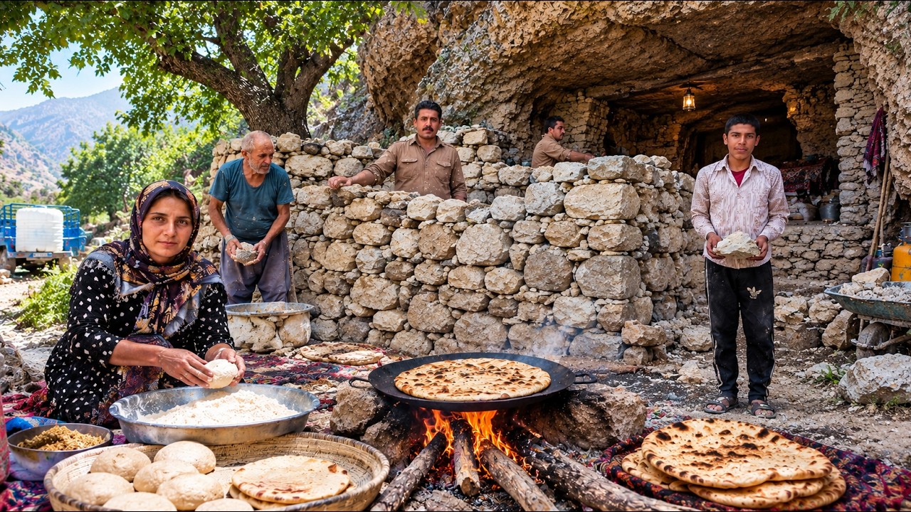 🏔️🪨 Rebuilding a cave house with nomads in a remote mountain; baking oak bread over a fire 🔥🫓