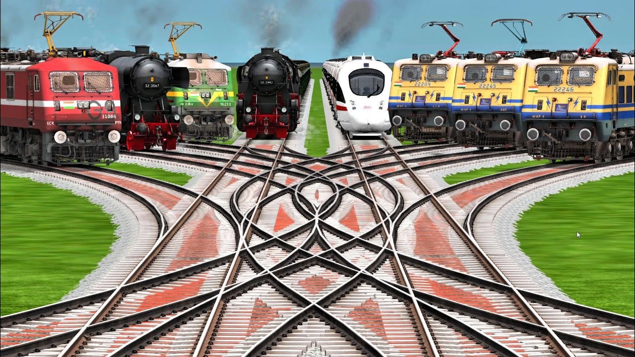 🚆 Multiple Electric Trains Crossing Curved Bumpy Track | Train Simulator