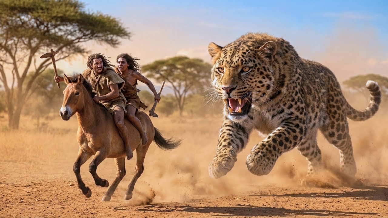 Life 3.2 Million Years Ago: Homo Habilis & Horse Ambushed by Giant Prehistoric Leopard
