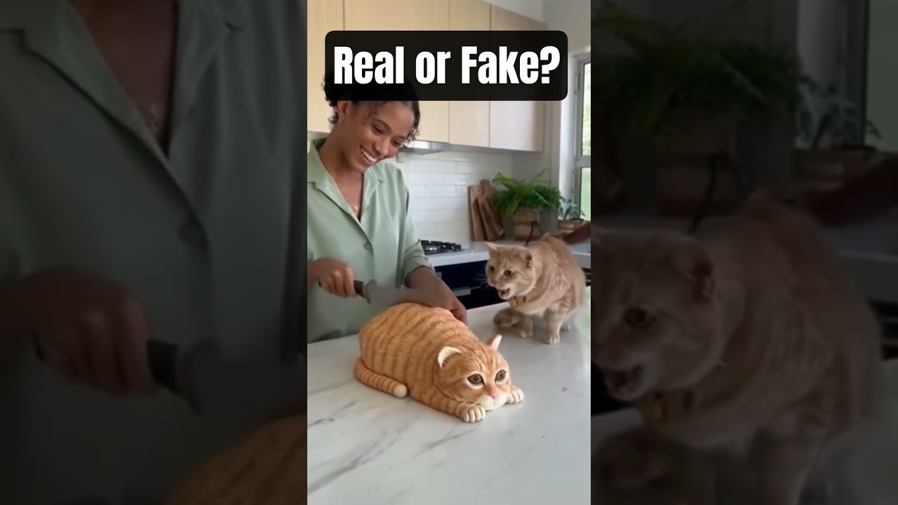 Cats freaks out over cake slicing. Is this A.I.? 